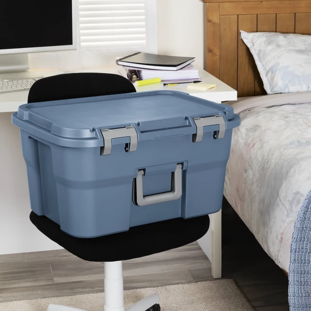 Alt view image 3 of 6 - Sterilite 14 Gallon Heavy Duty Plastic Footlocker Storage Bin, Lockable with Handle, Blue