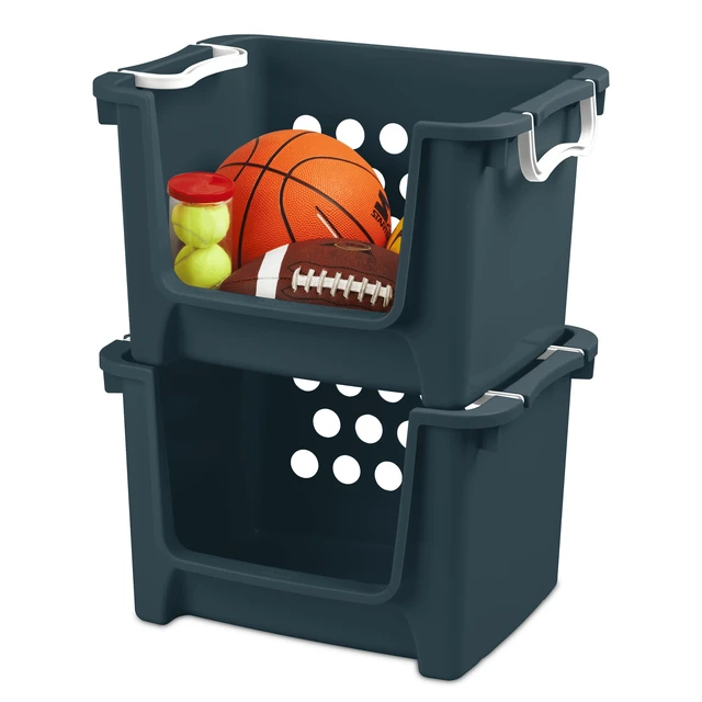 Alt view image 5 of 5 - Mainstays Kids Large Blue Plastic Open-Front Toy Storage Basket with Handles, Stackable