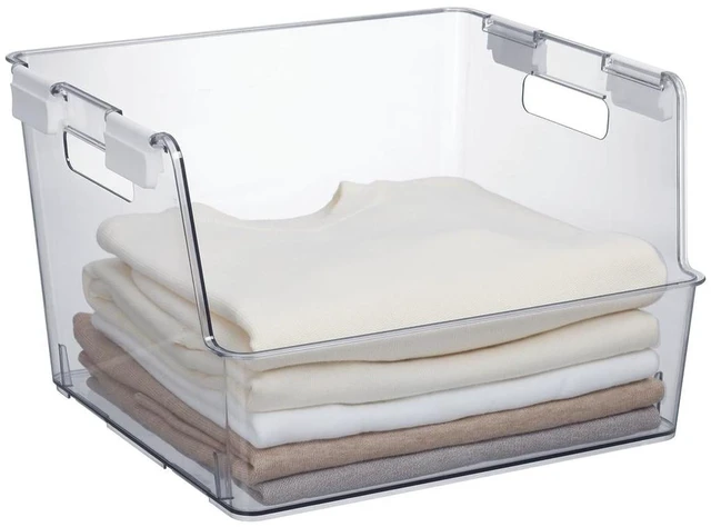 Main image of Mainstays Large Clear Plastic Stackable Closet Bin with White Latches