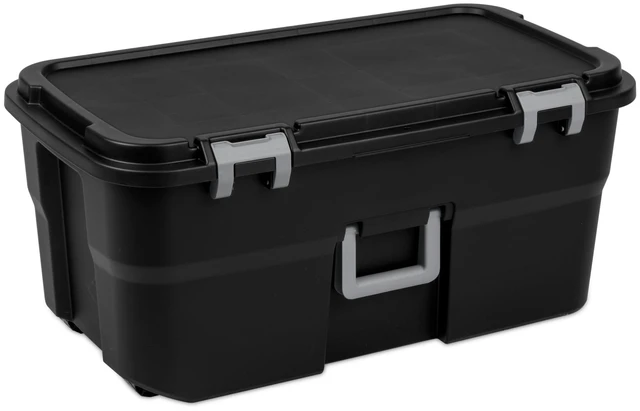 Main image of Sterilite 22 Gallon Wheeled Footlocker, Heavy Duty Plastic Storage Trunk, Lockable with Wheels and Handle, Black