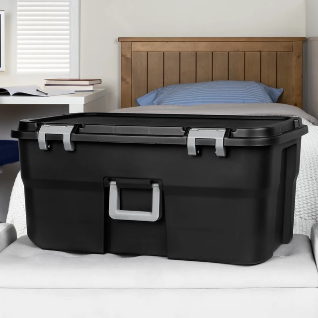 Alt view image 4 of 6 - Sterilite 22 Gallon Wheeled Footlocker, Heavy Duty Plastic Storage Trunk, Lockable with Wheels and Handle, Black