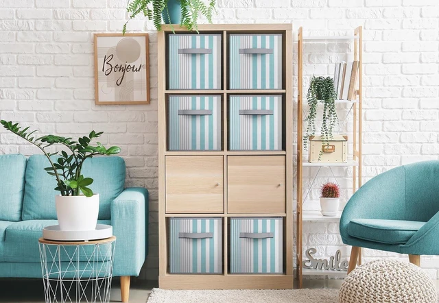 Alt view image 2 of 4 - Sorbus 11" Foldable Fabric Storage Cube Bin, Aqua Stripe (2-Pack)