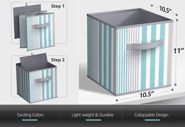 Alt view image 4 of 4 - Sorbus 11" Foldable Fabric Storage Cube Bin, Aqua Stripe (2-Pack)