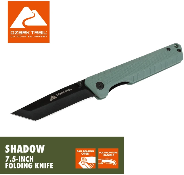 Main image of Ozark Trail Shadow 7.5in Tanto Folding Knife, 3.25in Stainless Steel Blade with Titanium Coating, Green
