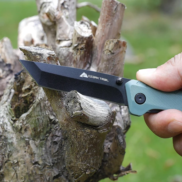 Alt view image 3 of 6 - Ozark Trail Shadow 7.5in Tanto Folding Knife, 3.25in Stainless Steel Blade with Titanium Coating, Green