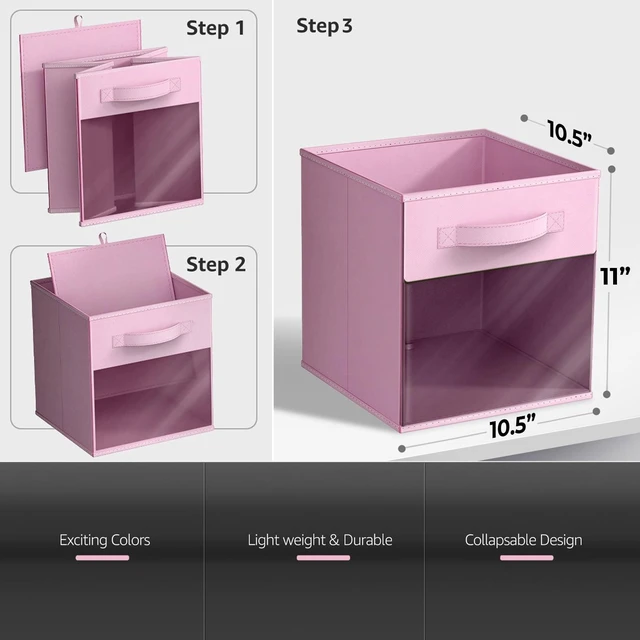 Alt view image 5 of 6 - Sorbus 11Inch Collapsible Fabric Storage Bin with Clear Window, Pastel Pink