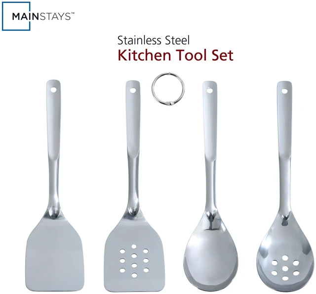 Main image of Mainstays Stainless Steel 4-Piece Utensil Set with Slotted Turner, Solid Turner, Spoon, and Slotted Spoon