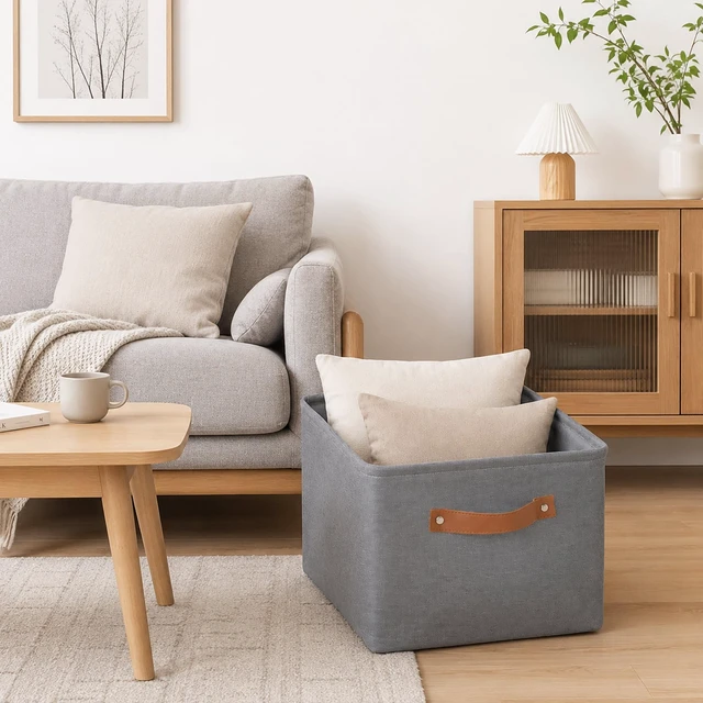 Alt view image 6 of 6 - Mainstays Decorative Gray Canvas Storage Basket with Polyurethane Handles