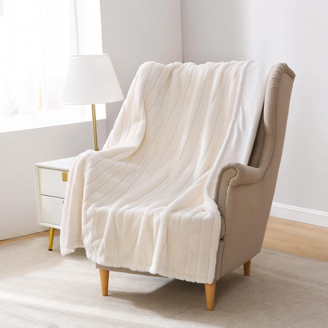 Main image of Mainstays Striped Faux Fur Throw Blanket, Cream, 50x60in