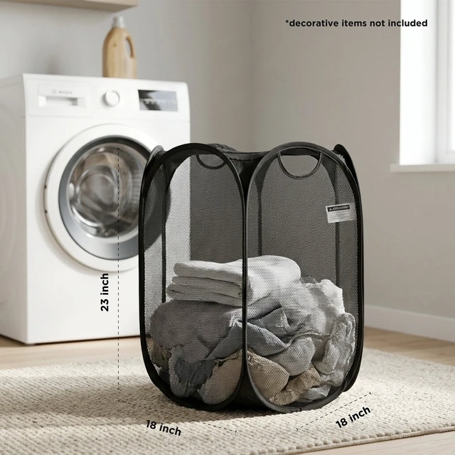 Alt view image 4 of 6 - Mainstays Black Pop-Up Hexagon Mesh Laundry Hamper with Heavy Duty Handles
