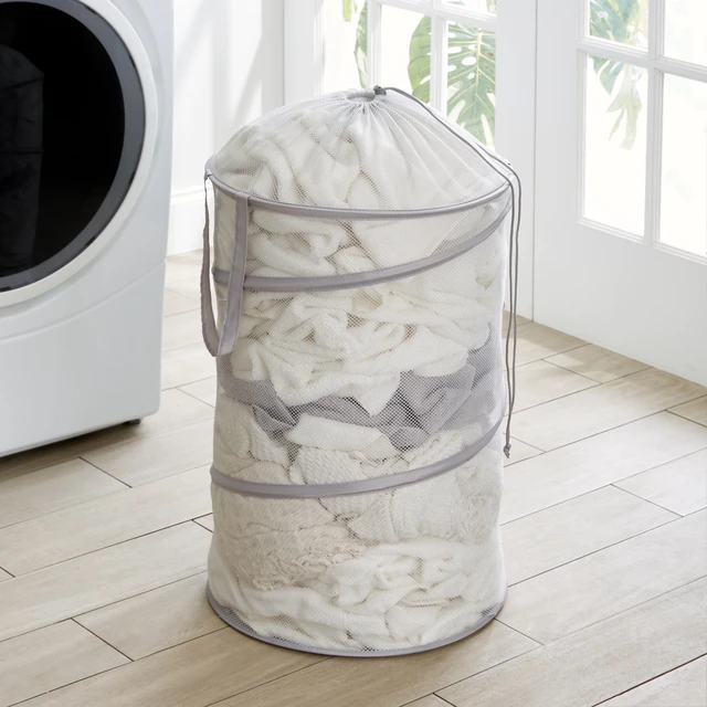 Alt view image 2 of 6 - Mainstays Pop-Up Laundry Hamper with Easy Carry Handles and Cinch Top, Soft Silver