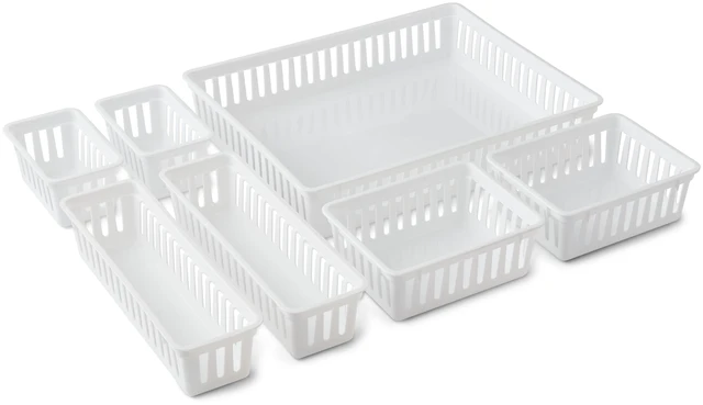 Main image of Mainstays 7-Piece Plastic Drawer Organizer Bin Set, White, for Kitchen, Desk, Bathroom and Vanity Drawers