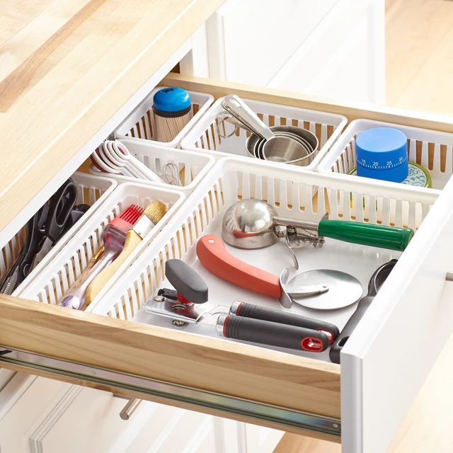 Alt view image 3 of 6 - Mainstays 7-Piece Plastic Drawer Organizer Bin Set, White, for Kitchen, Desk, Bathroom and Vanity Drawers