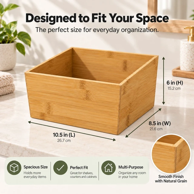 Alt view image 3 of 6 - HomeZone 2-Pack Bamboo Basket Organizers, 10.5" L x 8.5" W x 6" H, Natural