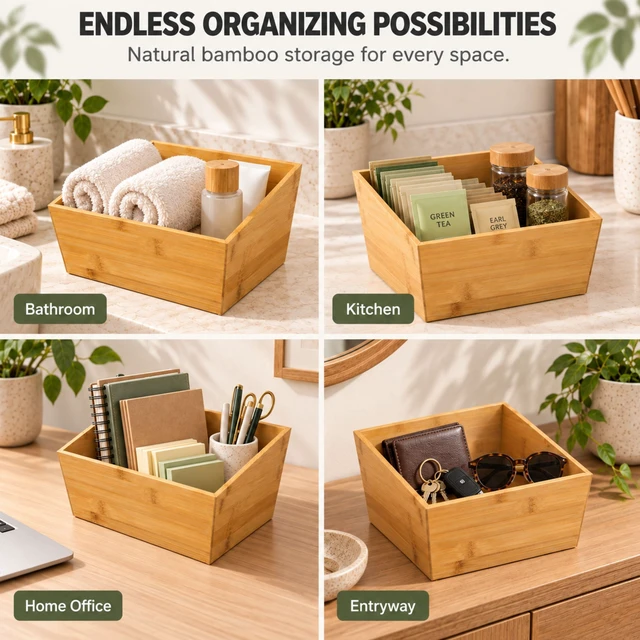 Alt view image 2 of 6 - HomeZone 2-Pack Bamboo Basket Organizers, 10.5" L x 8.5" W x 6" H, Natural