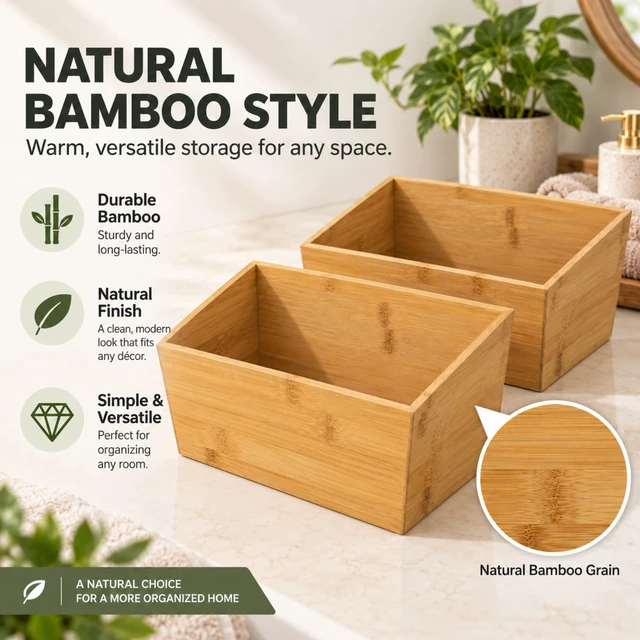 Alt view image 6 of 6 - HomeZone 2-Pack Bamboo Basket Organizers, 10.5" L x 8.5" W x 6" H, Natural