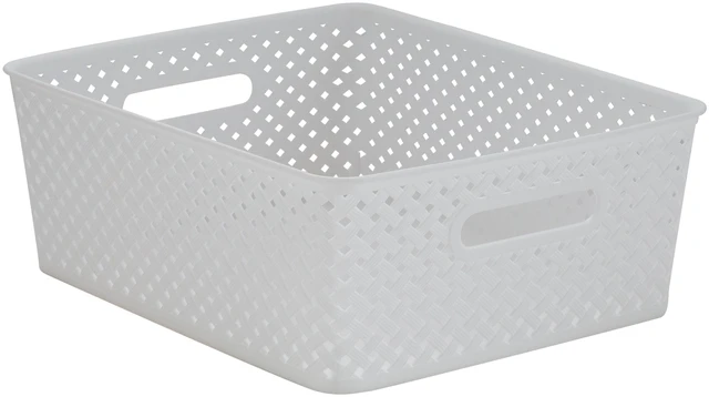 Main image of Simplify Resin Plastic Wicker Medium Storage Bin, White