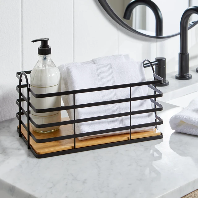 Main image of Better Homes & Gardens Matte Black Wire Storage Basket with Bamboo Bottom