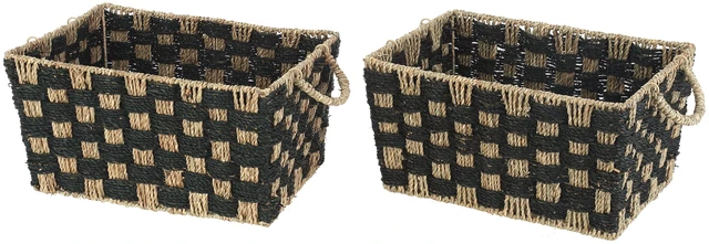 Main image of Better Homes & Gardens Large Rectangle Checkered Seagrass Storage Baskets with Handles, 2-Pack