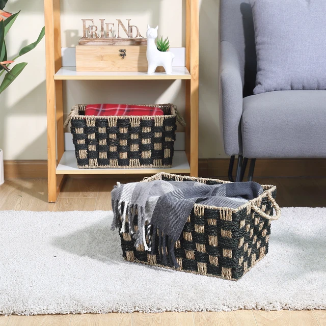 Alt view image 2 of 6 - Better Homes & Gardens Large Rectangle Checkered Seagrass Storage Baskets with Handles, 2-Pack