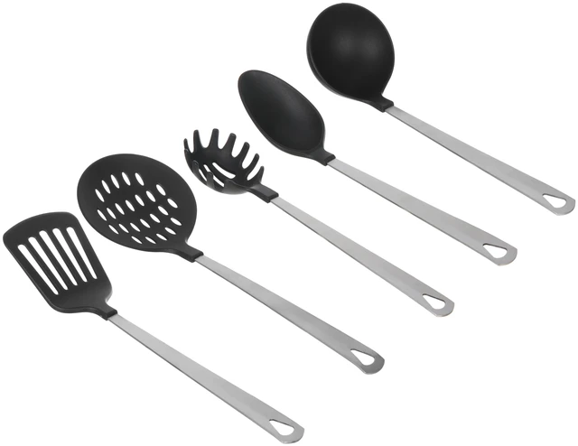 Main image of Mainstays 5-Piece Stainless Steel and Nylon Kitchen Utensil Set, Spoon, Turner, Skimmer, Pasta Server and Ladle