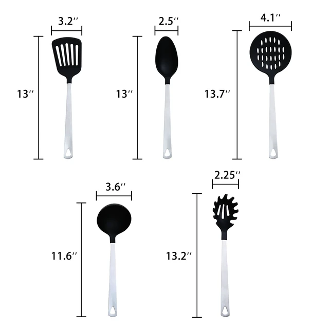 Alt view image 7 of 7 - Mainstays 5-Piece Stainless Steel and Nylon Kitchen Utensil Set, Spoon, Turner, Skimmer, Pasta Server and Ladle