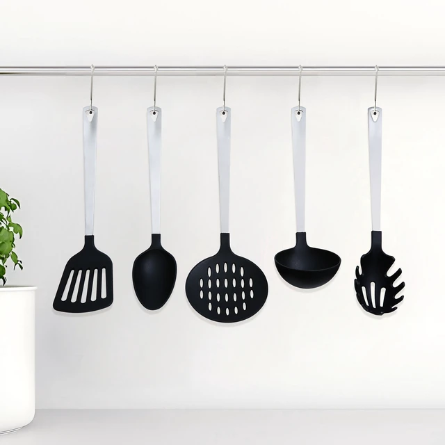 Alt view image 4 of 7 - Mainstays 5-Piece Stainless Steel and Nylon Kitchen Utensil Set, Spoon, Turner, Skimmer, Pasta Server and Ladle