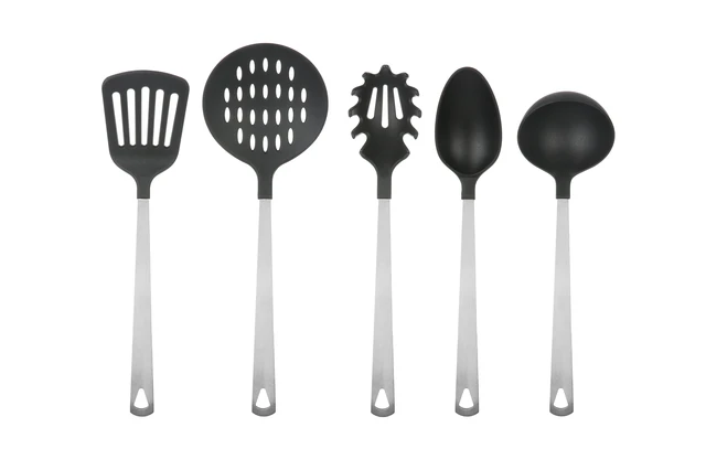 Alt view image 5 of 7 - Mainstays 5-Piece Stainless Steel and Nylon Kitchen Utensil Set, Spoon, Turner, Skimmer, Pasta Server and Ladle