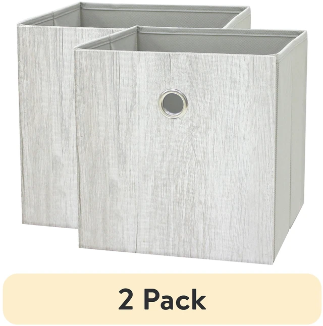 Main image of 2-Pack Mainstays Collapsible Fabric Cube Storage Bin, Grey Wood Grain