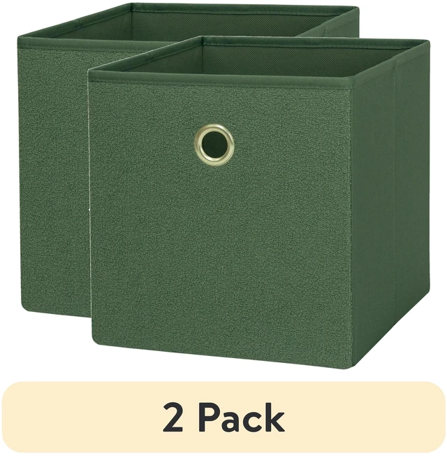 Main image of Mainstays 2-Pack Collapsible Fabric Cube Storage Bin, Green Boucle