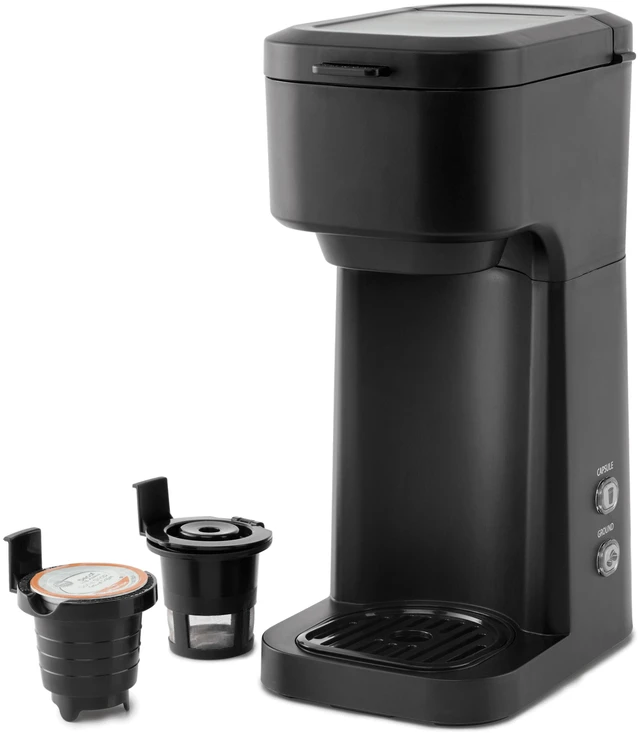 Main image of Mainstays Black Dual Brew Coffee Maker, Single Serve, Auto Shutoff, 14 oz Reservoir