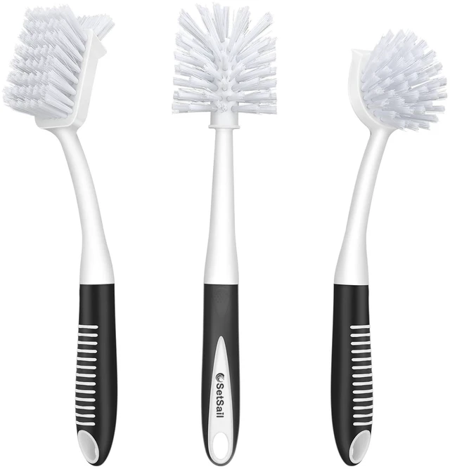 Main image of SetSail Dish Brush Set Of 3 With Bottle Brush, Long Handle And Scraper Tip, Deep Cleaning For Kitchen Sink Dishes Bottle Cup Pot Pan Tile Lines, Black