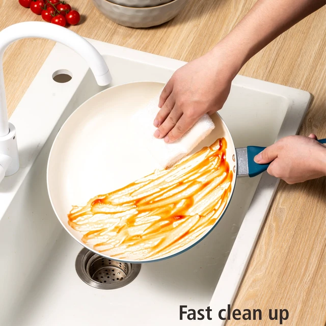 Alt view image 2 of 6 - Mainstays Aluminum Nonstick Ceramic 3-Piece Frypan Set, Blue
