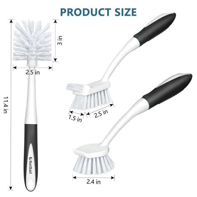 Alt view image 2 of 6 - SetSail Dish Brush Set Of 3 With Bottle Brush, Long Handle And Scraper Tip, Deep Cleaning For Kitchen Sink Dishes Bottle Cup Pot Pan Tile Lines, Black
