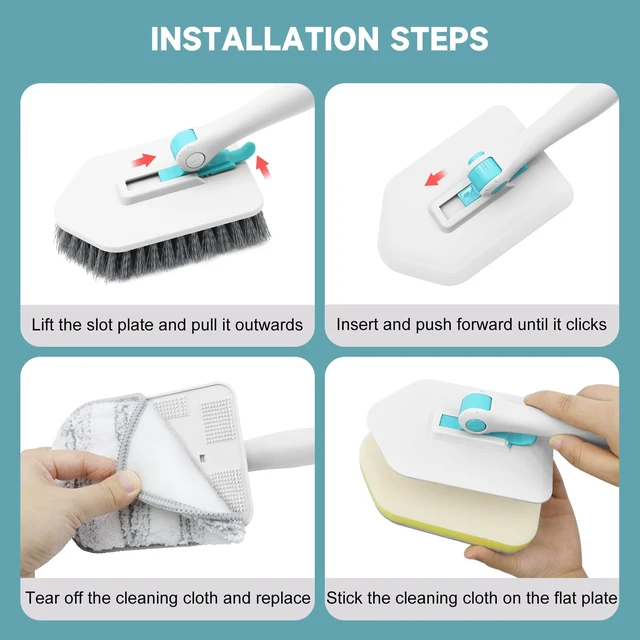 Alt view image 3 of 7 - Nacena 3-in-1 Shower Scrubber with Long Handle, 3 Detachable Cleaning Heads, Adjustable Handle for Bathroom Kitchen Toilet Wall Sink, Blue White
