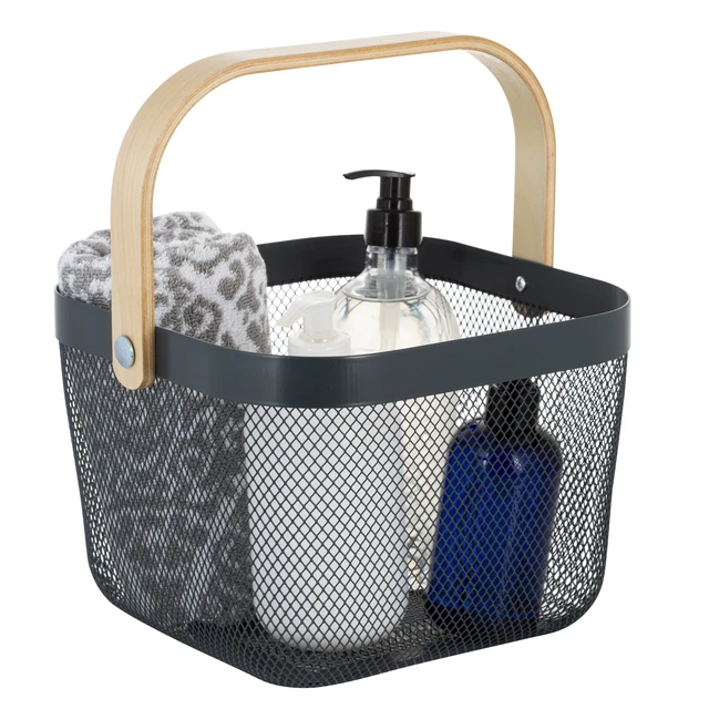 Alt view image 3 of 7 - Simplify Mesh Decorative Storage Basket with Bamboo Handle, Grey