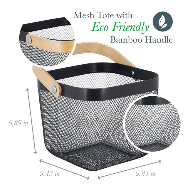 Alt view image 6 of 7 - Simplify Mesh Decorative Storage Basket with Bamboo Handle, Grey