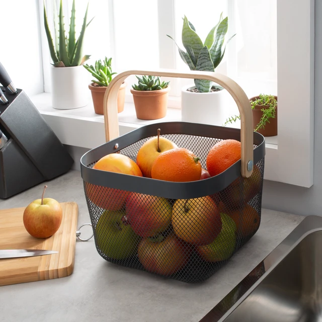 Alt view image 2 of 7 - Simplify Mesh Decorative Storage Basket with Bamboo Handle, Grey