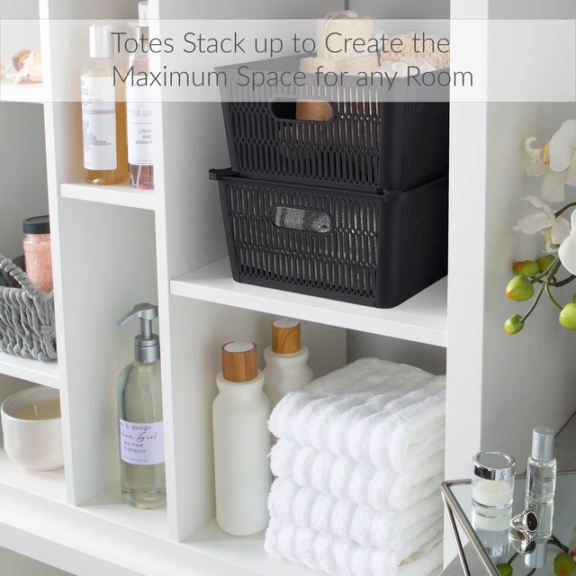 Alt view image 4 of 5 - Simplify Slide 2 Stack It 2-Pack Plastic Storage Tote Baskets in Black
