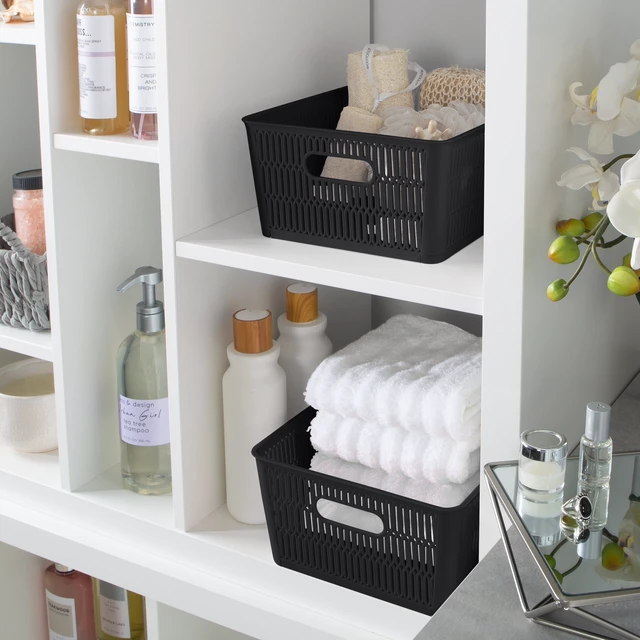 Alt view image 5 of 5 - Simplify Slide 2 Stack It 2-Pack Plastic Storage Tote Baskets in Black