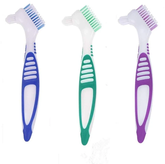 Main image of 3 Pcs Denture Cleaning Brushes, Portable False Teeth Brushes with Multi-Layered Soft Bristles and Dual-Angled