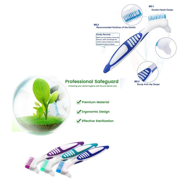 Alt view image 6 of 6 - 3 Pcs Denture Cleaning Brushes, Portable False Teeth Brushes with Multi-Layered Soft Bristles and Dual-Angled
