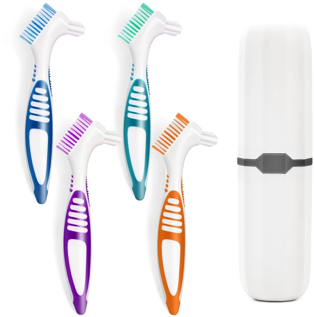 Main image of 4 Pcs Denture Brush Set for False Teeth with White Carrying Case, Double-Sided Design, Multi-Layered Soft Bristles, Rubber Anti-Slip Handle, 4 Colors