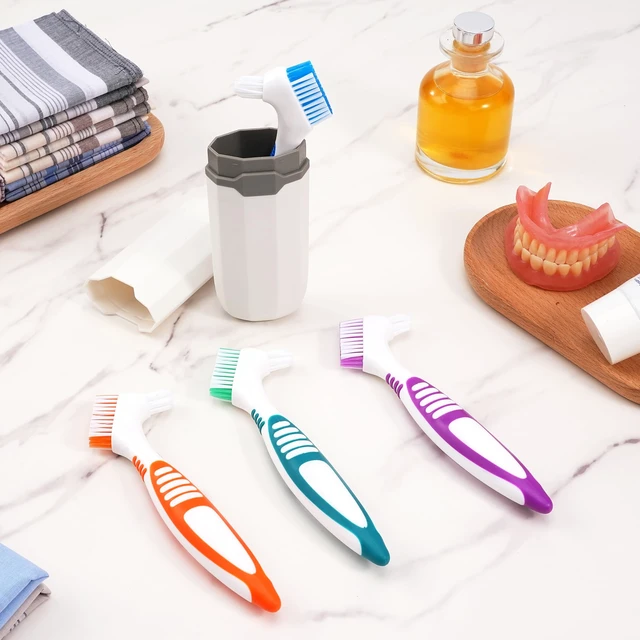 Alt view image 4 of 7 - 4 Pcs Denture Brush Set for False Teeth with White Carrying Case, Double-Sided Design, Multi-Layered Soft Bristles, Rubber Anti-Slip Handle, 4 Colors