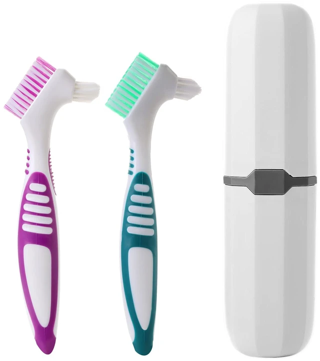 Main image of 2Pcs Denture Cleaning Brush Kit with Case, False Teeth Toothbrush