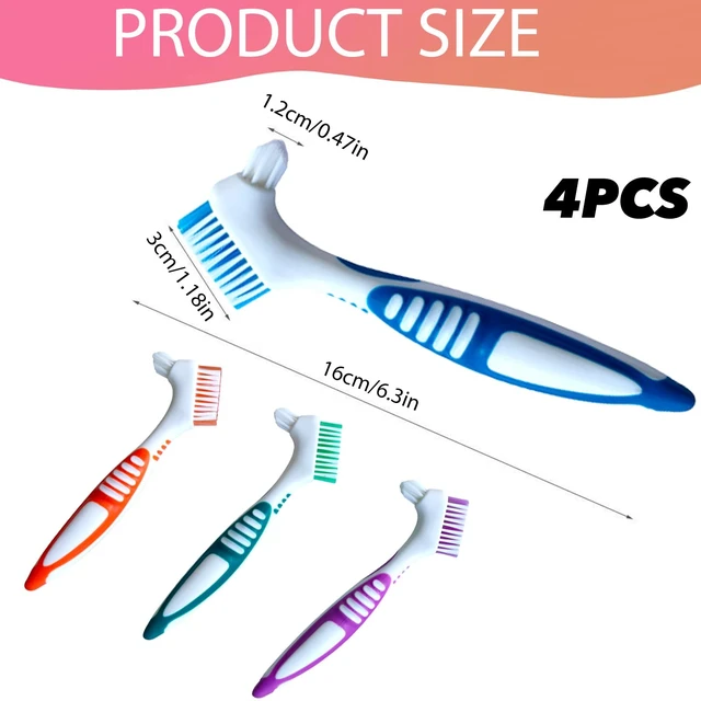 Alt view image 3 of 6 - Denture Brush 4-Pack, Non-Slip Handle Dental Appliance Cleaning Brush for Dentures, Mouth Guard, False Teeth (4 Colors)