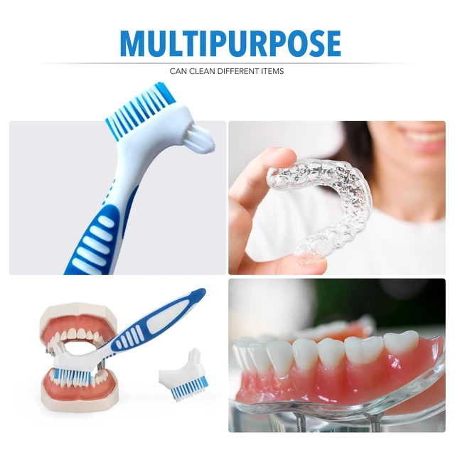 Alt view image 6 of 6 - Denture Brush 4-Pack, Non-Slip Handle Dental Appliance Cleaning Brush for Dentures, Mouth Guard, False Teeth (4 Colors)