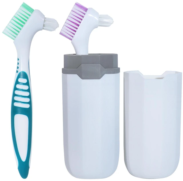 Main image of 2Pcs Soft Denture Brush with White Carrying Case