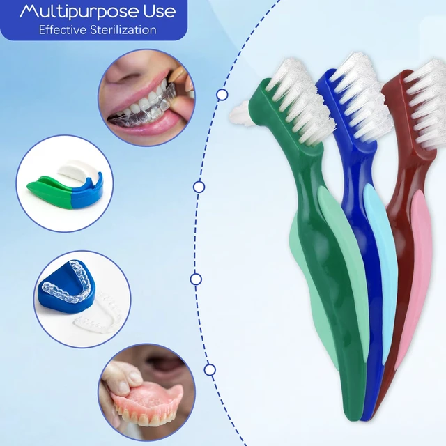 Alt view image 4 of 7 - WY LIGHTING Level 3-Pack Hard Denture Brush, Double-Sided Toothbrush with Multi-Layered Bristles & Rubber Anti-Slip Handle, 3 Colors