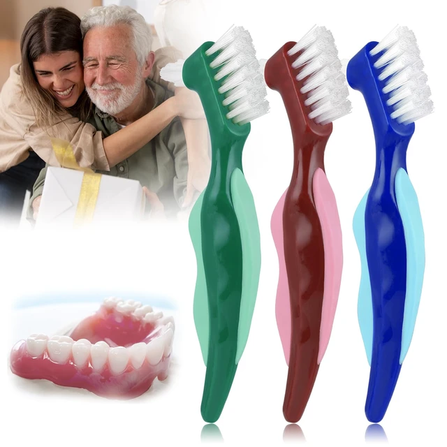 Alt view image 6 of 7 - WY LIGHTING Level 3-Pack Hard Denture Brush, Double-Sided Toothbrush with Multi-Layered Bristles & Rubber Anti-Slip Handle, 3 Colors